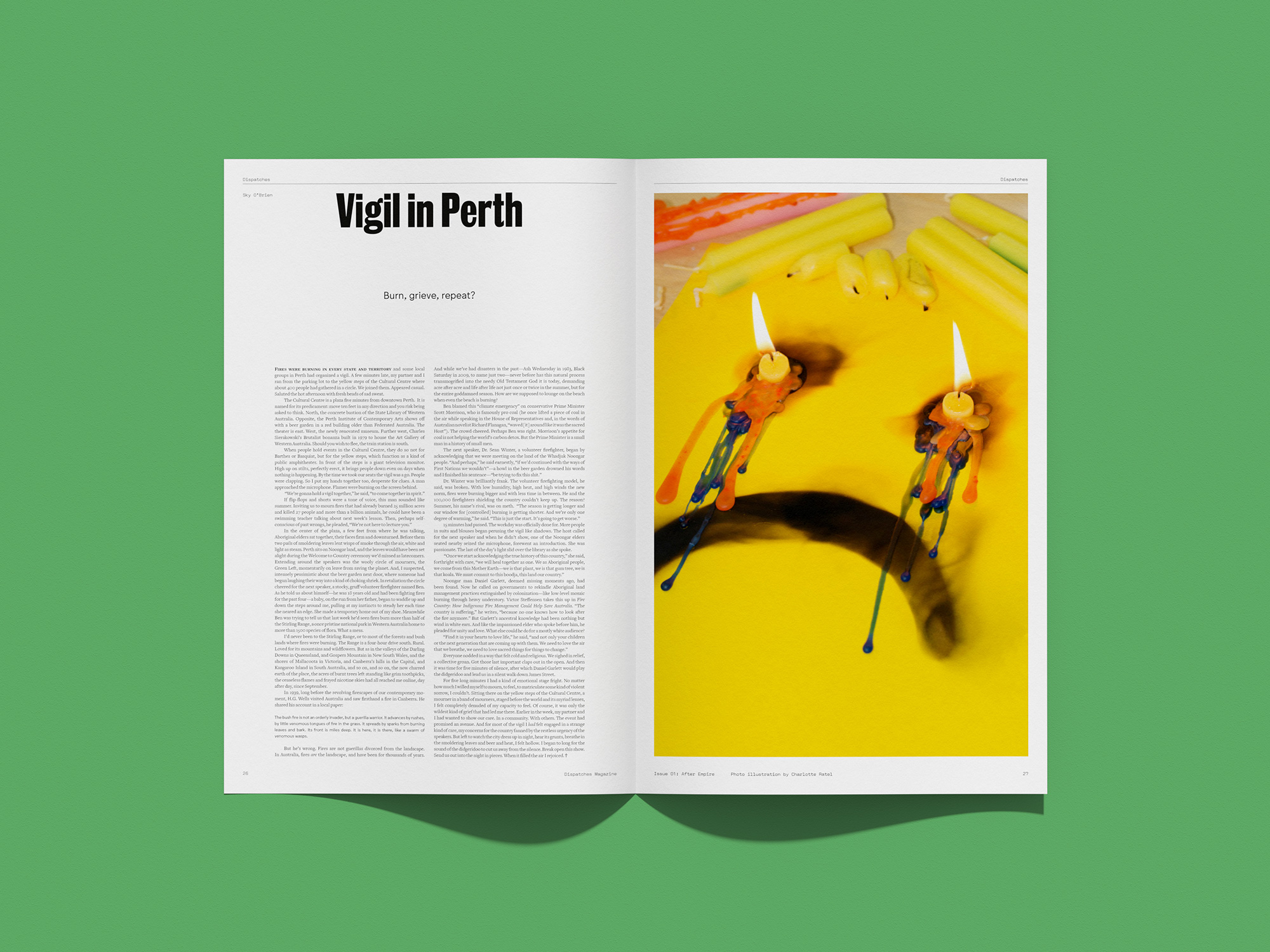 Gabe Ferreira: Dispatches Magazine — Sky O’Brien’s “Vigil in Perth,” illustrated by Charlotte Ratel.